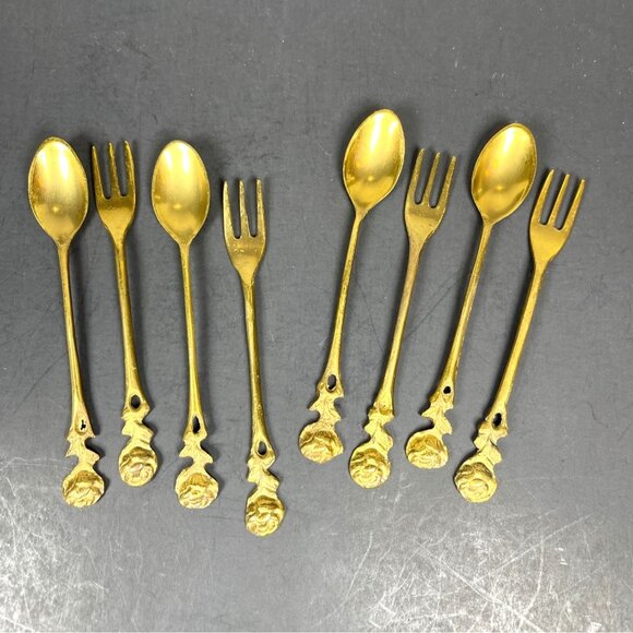 Brass Demitasse Coffee Spoon Dessert Salad Fork Gold Tone Rose Handle Set 4 VTG - Picture 4 of 13